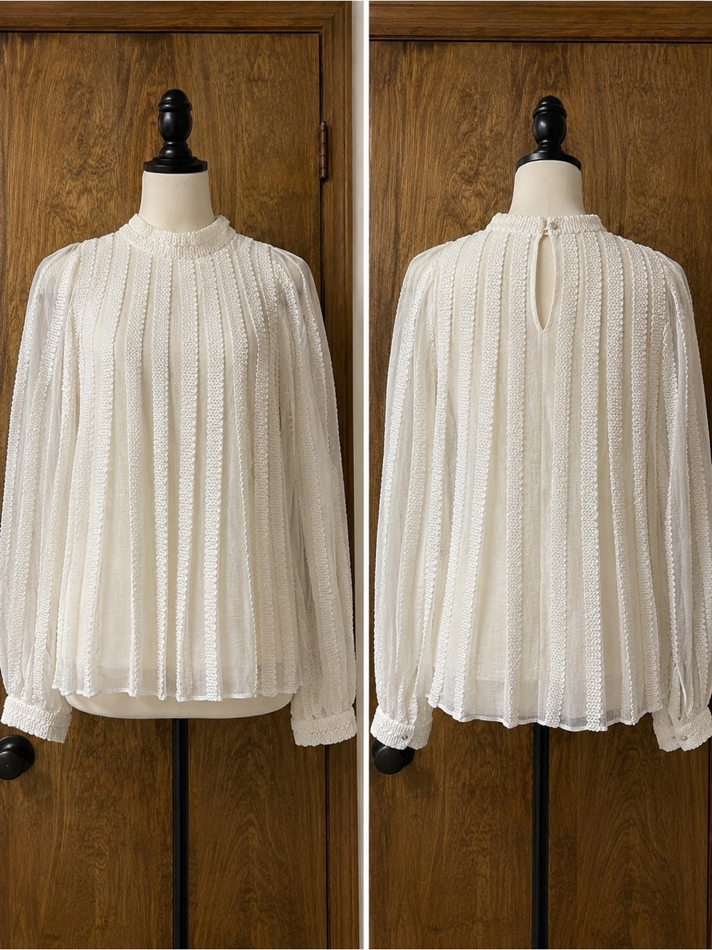 Derek Lam Ivory Textured mock Neck Long Sleeve Blouse Size Small pleated